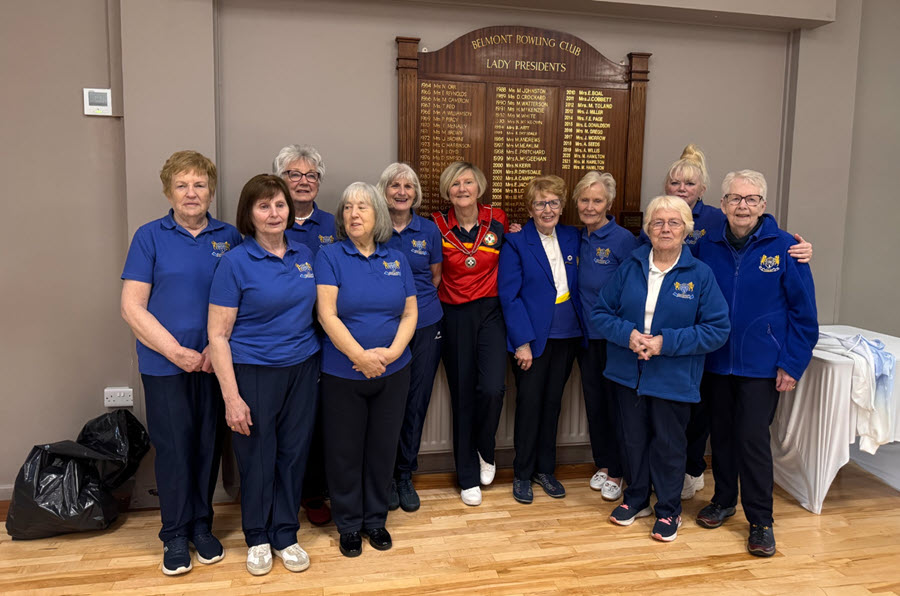 NIWPGL 2026 Flag Unfurling at Belmont BC The NIWPGL President Moya Crunden with the Belmont BC Ladies Committee