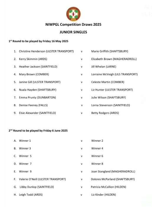 NIWPGL Junior Singles Draw 2025