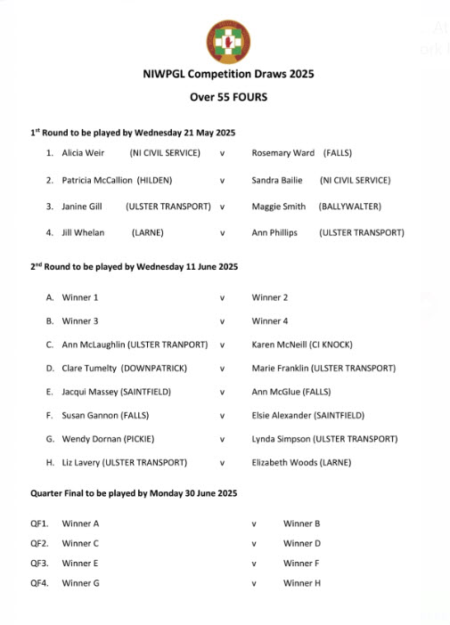 NIWPGL Over 55 Fours Draw 2025