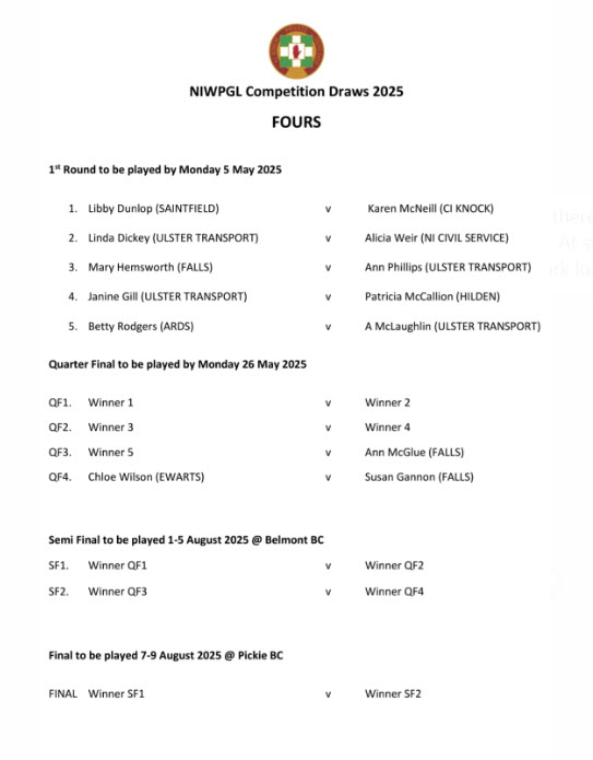 NIWPGL Senior Fours Draw 2025
