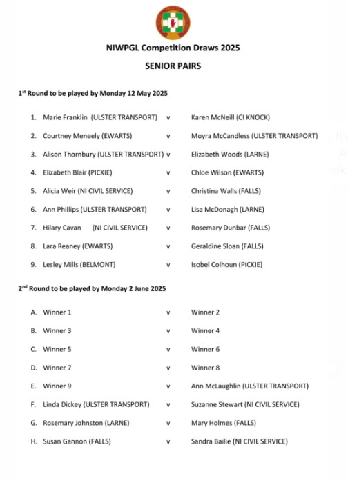 NIWPGL Senior Pairs Draw 2025