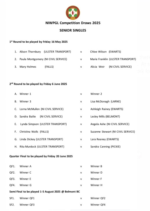 NIWPGL Senior Singles Draw 2025